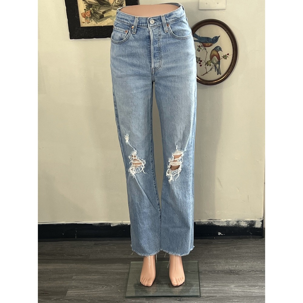 Levi's Premium Straight Light Wash Distressed Raw Hem High Rise Jeans Size 24